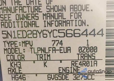 2000 Nissan Xterra Se/Xe z USA, uszkodzony, nr VIN 5N1ED28Y6YC566444